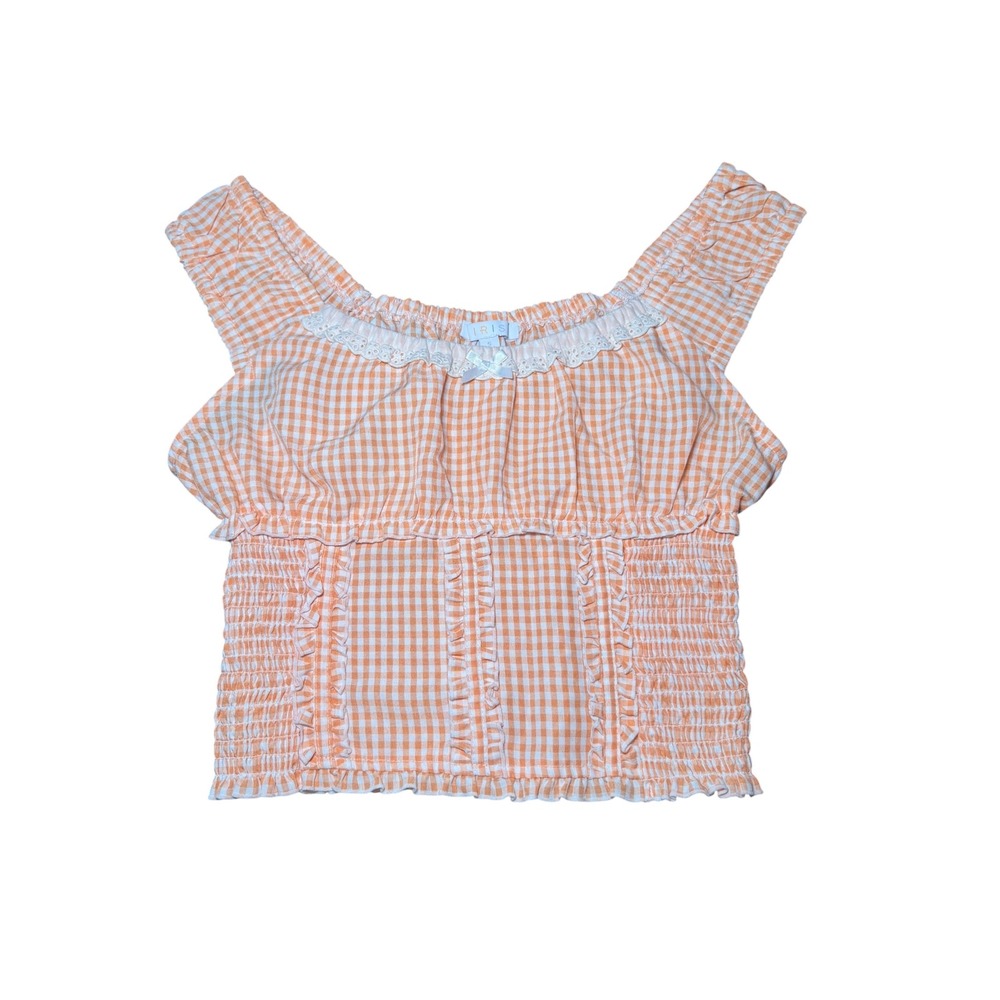 Iris Orange Gingham Smocked Crop Babydoll Top Cottagecore Lace Trim S IT93093